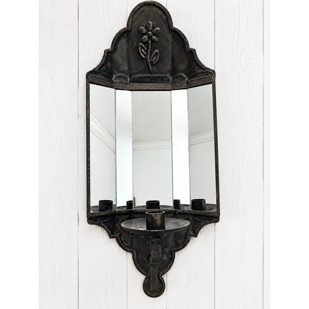 Vintage Home Interiors Black Metal Mirrored Wall Candle Sconce Flower Motif